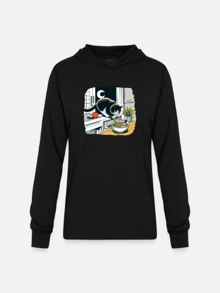 Moonlit Cat Noodle Quest - Unisex Long Sleeve Hoodie Shirt - black