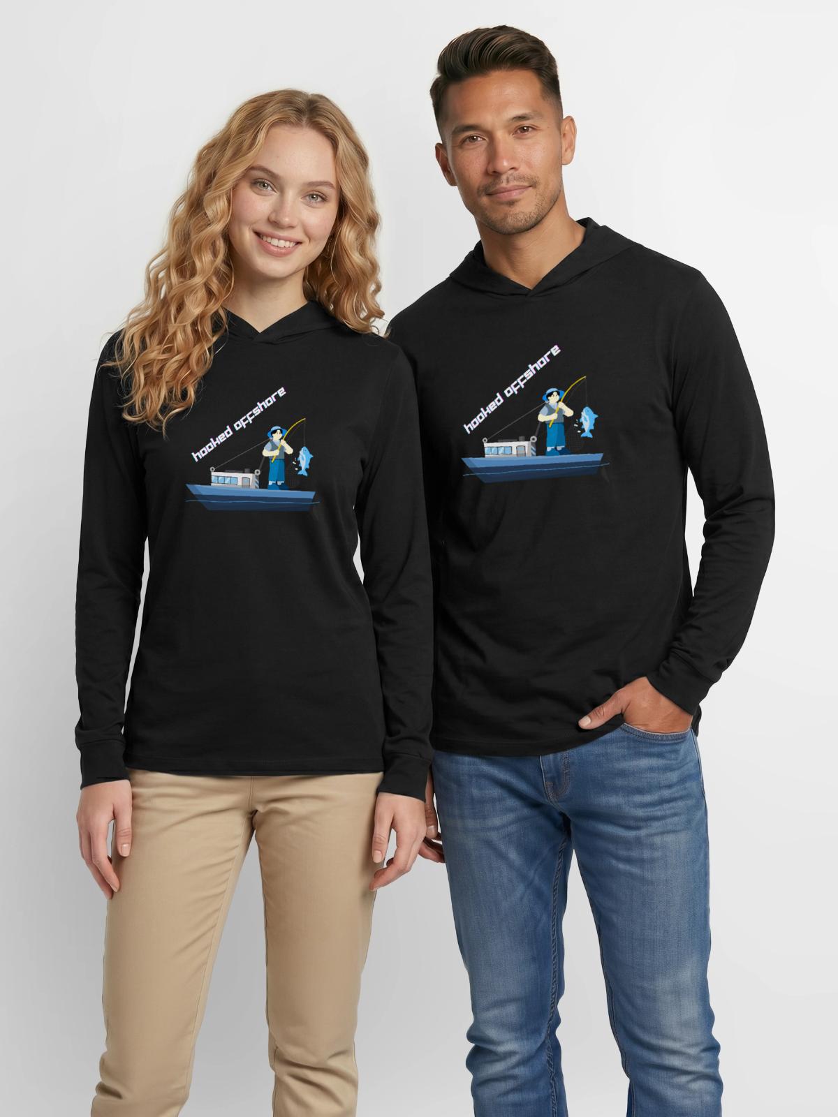 Hooked_Offshore - Unisex Long Sleeve Hoodie Shirt - black - Front - AI Model Female 172 light (172cm) & AI Model Male 178 dark (178cm)