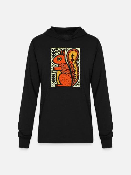 Squirrel in Rustic Woodcut - Unisex Long Sleeve Hoodie Shirt - black