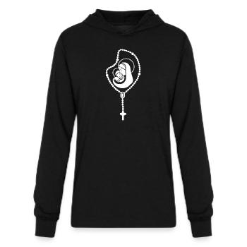 Catholic Rosary - Unisex Long Sleeve Hoodie Shirt - black - Front - AI Model Female 172 light (172cm) & AI Model Male 178 dark (178cm)