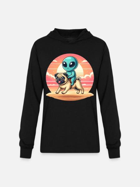 Alien Rides Pug - Unisex Long Sleeve Hoodie Shirt - black