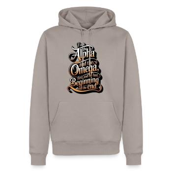 Alpha Omega Christian Faith Design - Men's Premium Hoodie - taupe - Front - Nico (187cm) & Julia (174cm)