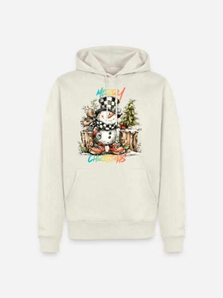 Checkerboard Snowman Christmas Tee - Men's Premium Hoodie - off white