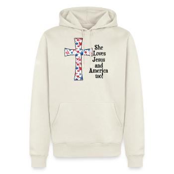 Patriotic Cross with Red White and Blue Stars - Men's Premium Hoodie - off white - Front - Nico (187cm) & Julia (174cm)