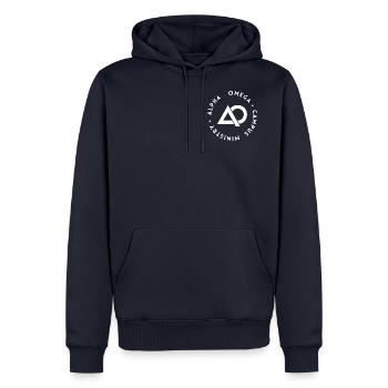 White Alpha Omega Campus Ministry Logo - Men's Premium Hoodie - navy - Front - Nico (187cm) & Julia (174cm)