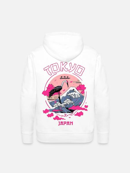 Tokyo Neon Crane over Mt Fuji Waves - Men's Premium Hoodie - white