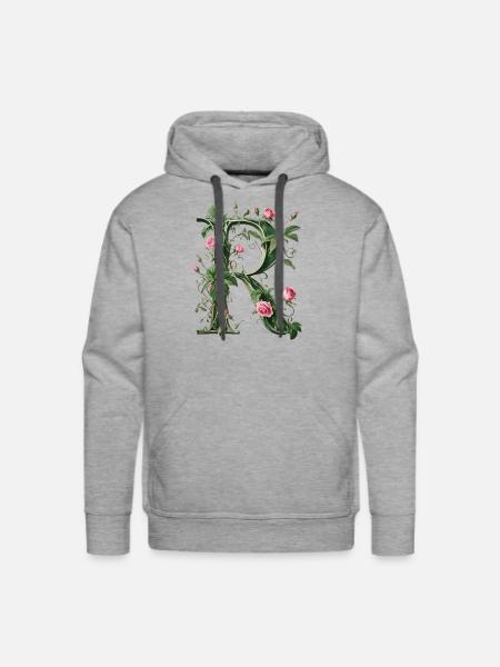 Elegant Floral Letter R with Pink Roses and Green - Men's Premium Hoodie - heather grey