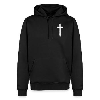 Minimalist Christian Cross Pocket Sized Gift - Men's Premium Hoodie - black - Front - Nico (187cm) & Julia (174cm)