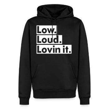 LOW LOUD LOVIN IT - Men's Premium Hoodie - black - Front - Nico (187cm) & Julia (174cm)
