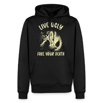 Funny Raccoon - Vivez laid, simulez votre mort - Molleton à capuche Premium pour homme - noir - Devant - Nico (187cm) & Julia (174cm)