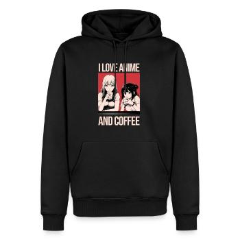 J’adore l’ANIME et le CAFÉ - Art graphique - Molleton à capuche Premium pour homme - noir - Devant - Nico (187cm) & Julia (174cm)