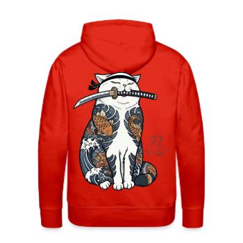 Cute Japanese Samurai Cat Katana Ninja Art - Men's Premium Hoodie - red - Back - Liam (192cm)