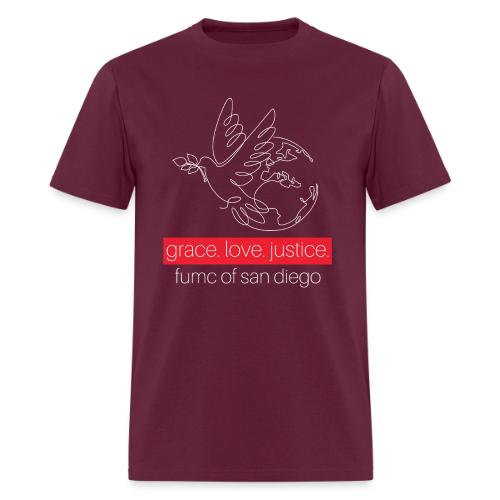 Grace. Love. Justice.- dove and earth graphic - Men's T-Shirt