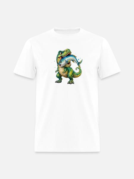 Cretaceous Catch: Dino with Fish - Men's T-Shirt - white