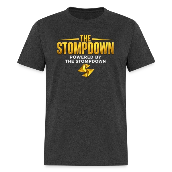 Powered By The Stompdown tee in heather black with gold and white front graphic