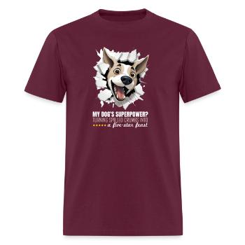 MY DOG'S SUPERPOWER? TURNING SPILLED CRUMBS - Men's T-Shirt - burgundy - Front - Jose (178cm)