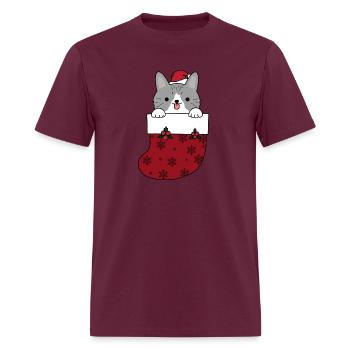 Cat in Christmas Sock - Men's T-Shirt - burgundy - Front - Jose (178cm)