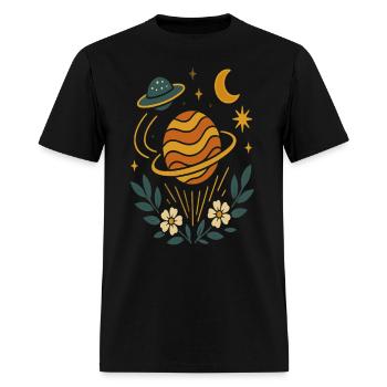 Cosmic Bloom – Retro Space Floral Design - Men's T-Shirt - black - Front - Jose (178cm)