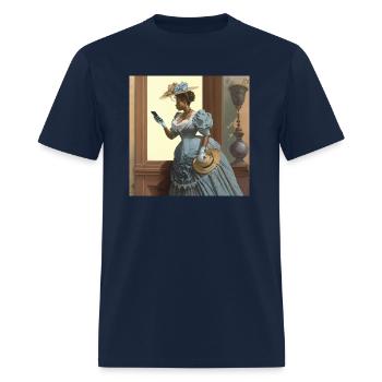 A woman holding a cell phone - Men's T-Shirt - navy - Front - Jose (178cm)