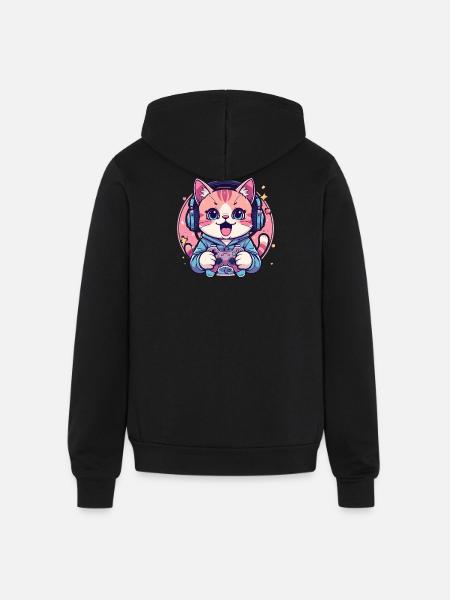 Pixel Purring Gamer Kitty - Unisex Full Zip Hoodie - black