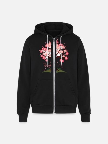 Sakura,Cherry Blossoms Spring Illustration - Unisex Full Zip Hoodie - black