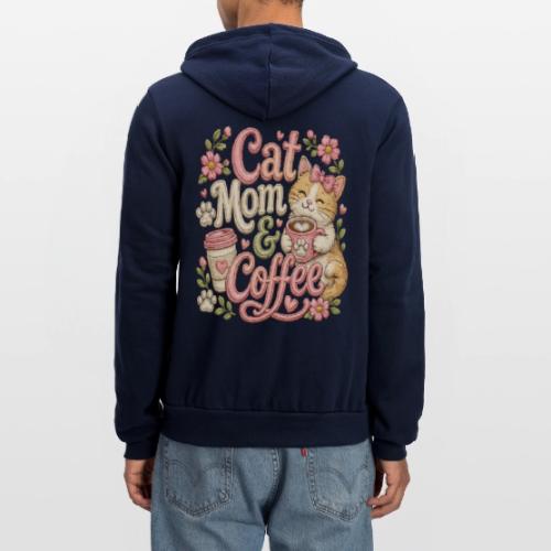 Cat Mom & Coffee Faux Stitched Cat Lover Design - Unisex Full Zip Hoodie