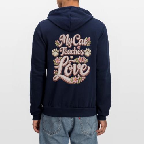 My Cat Teaches Love Faux Embroidery Style - Unisex Full Zip Hoodie