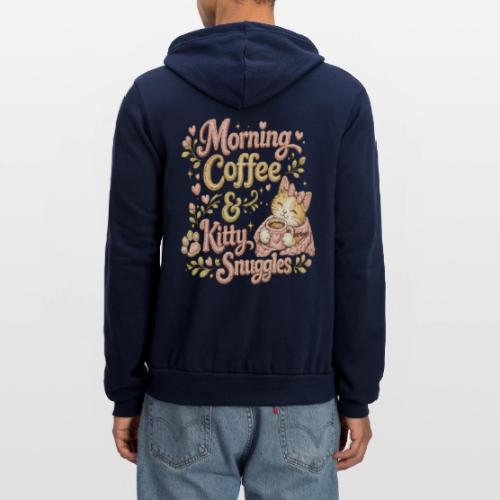 Morning Coffee & Kitty Snuggles Faux Stitched - Unisex Full Zip Hoodie