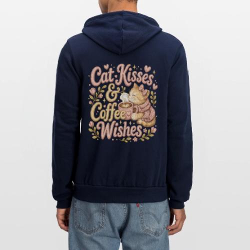 Cat Kisses & Coffee Wishes Faux Stitched - Unisex Full Zip Hoodie