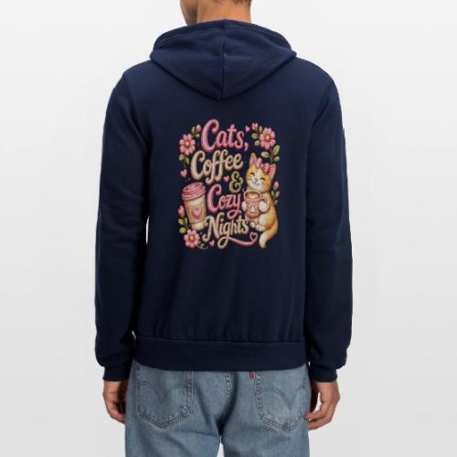 Cats, Coffee & Cozy Nights Faux Stitched Design - Unisex Full Zip Hoodie
