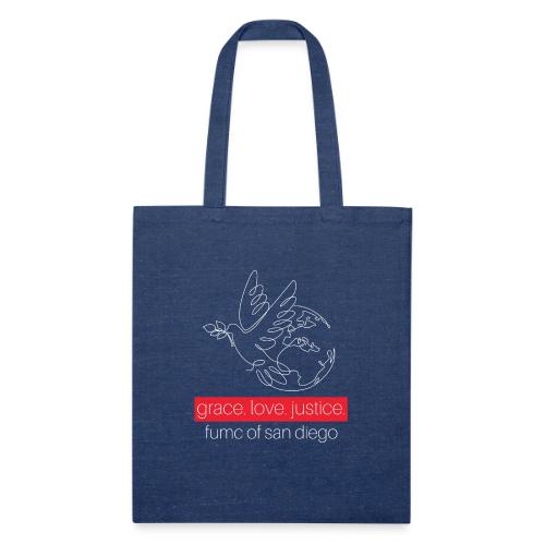 Grace. Love. Justice.- dove and earth graphic - Recycled Tote Bag