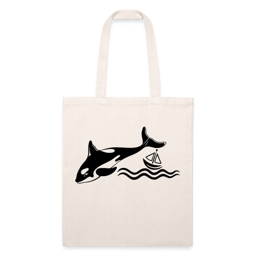 Big Whale and a small boat on the sea - Recycled Tote Bag