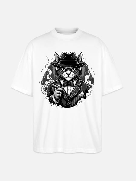 Noir Cat Gangster in Suit - Stanley/Stella Blaster Oversized T-Shirt - white