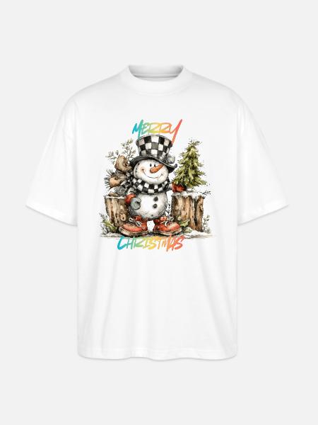 Checkerboard Snowman Christmas Tee - Stanley/Stella Blaster Oversized T-Shirt - white