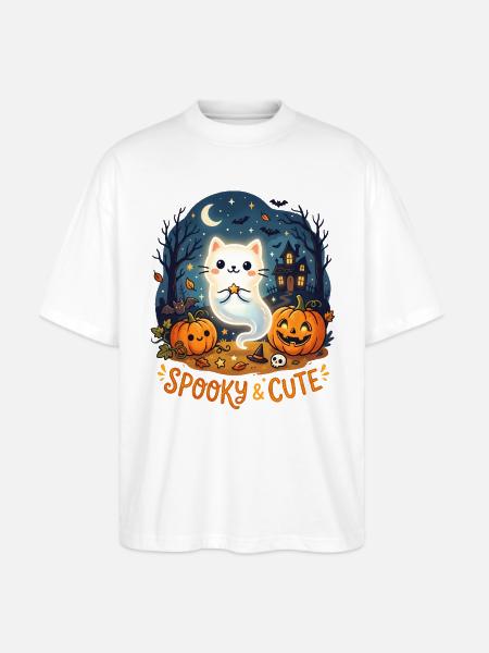 Spooky Cute Ghost Cat Halloween - Stanley/Stella Blaster Oversized T-Shirt - white