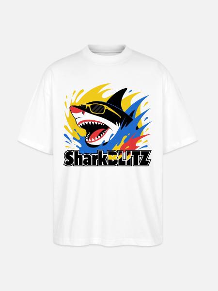 Neon Shark Splash Sunglasses Tee - Stanley/Stella Blaster Oversized T-Shirt - white