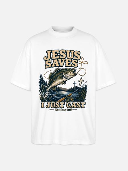 Jesus Saves I Just Cast Christian Fishing - Stanley/Stella Blaster Oversized T-Shirt  - white
