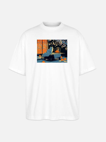 Blue Cat Lantern Night Garden - Stanley/Stella Blaster Oversized T-Shirt - white