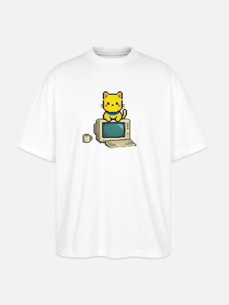 Pixel Cat on Retro Computer - Stanley/Stella Blaster Oversized T-Shirt - white