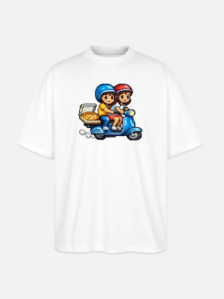 Boy and Girl on Vespa with Pizza! - Stanley/Stella Blaster Oversized T-Shirt  - white