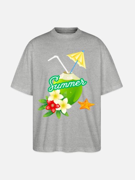 Tropical Summer Coconut with Flowers - Stanley/Stella Blaster Oversized T-Shirt - heather gray