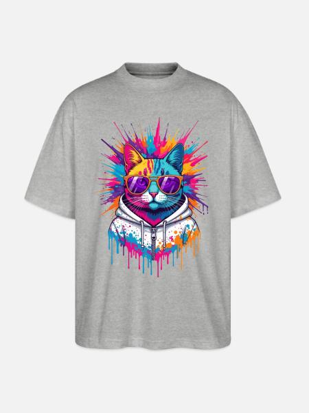 Neon Splash Cat Hoodie - Stanley/Stella Blaster Oversized T-Shirt - heather gray