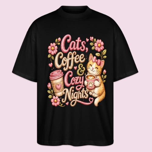 Cats, Coffee & Cozy Nights Faux Stitched Design - Stanley/Stella Blaster Oversized T-Shirt 