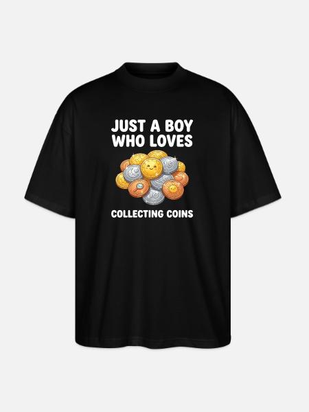 Coin-Loving Boy Collecting Coins - Stanley/Stella Blaster Oversized T-Shirt - black