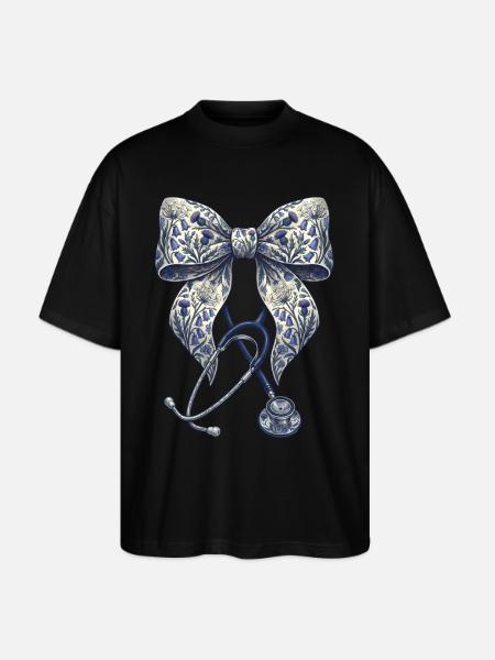 Floral Bow Stethoscope - Stanley/Stella Blaster Oversized T-Shirt - black