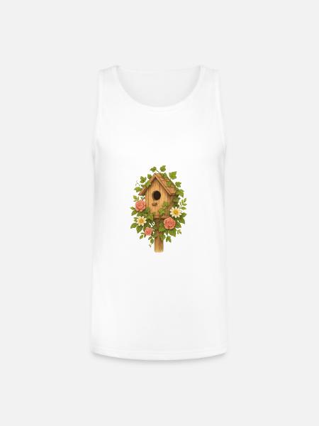Rustic Floral Birdhouse Design - Unisex Tri-Blend Organic Tank - white