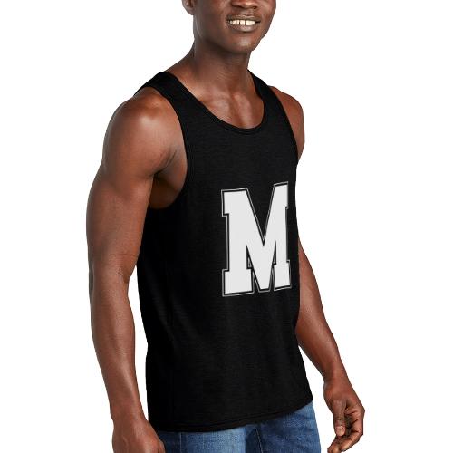 White Letter M – Varsity Alphabet Monogram - Unisex Tri-Blend Organic Tank
