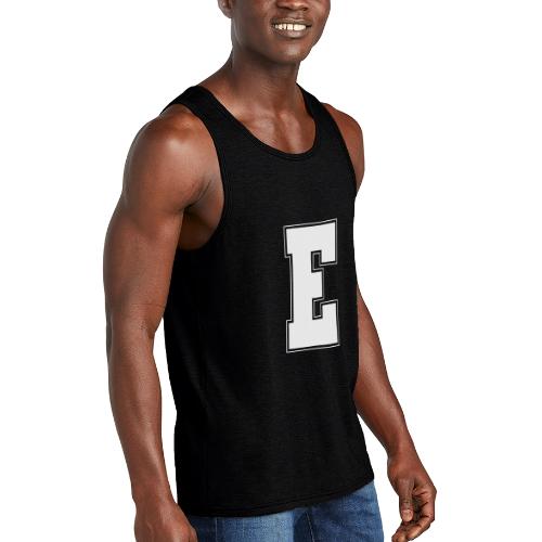 White Letter E – Varsity Alphabet Monogram - Unisex Tri-Blend Organic Tank