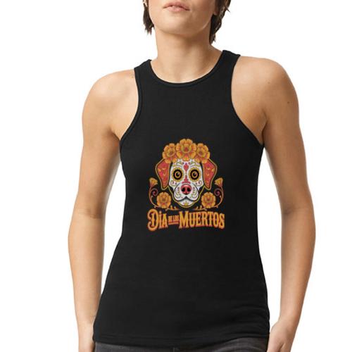 Dia De Los Muertos Dog Skull Flowers - American Apparel Women’s Racerneck Tank