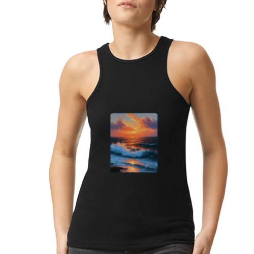 Sunset Storm Waves Oil Painting - American Apparel Women’s Racerneck Tank